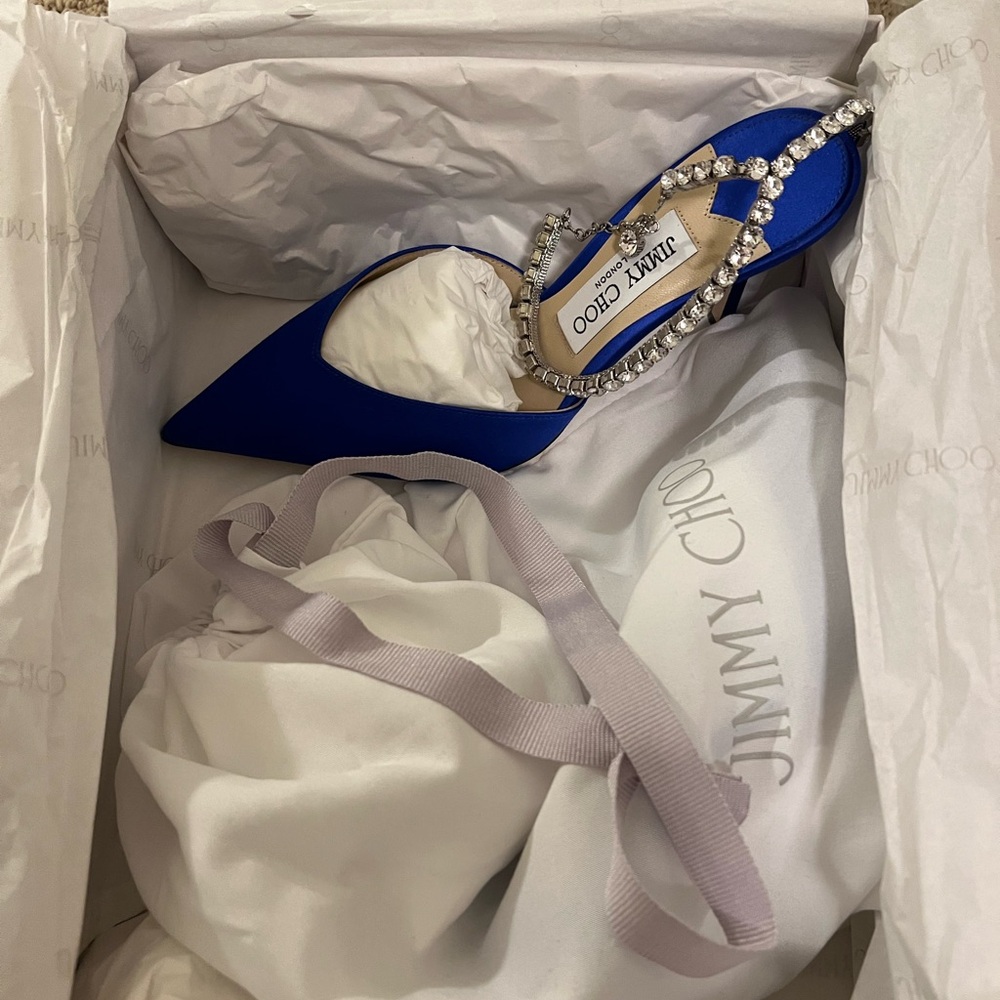 Jimmy Choo Saeda 85 Royal Blue Satin Heels with Crystal Strap - Picture 3 of 6
